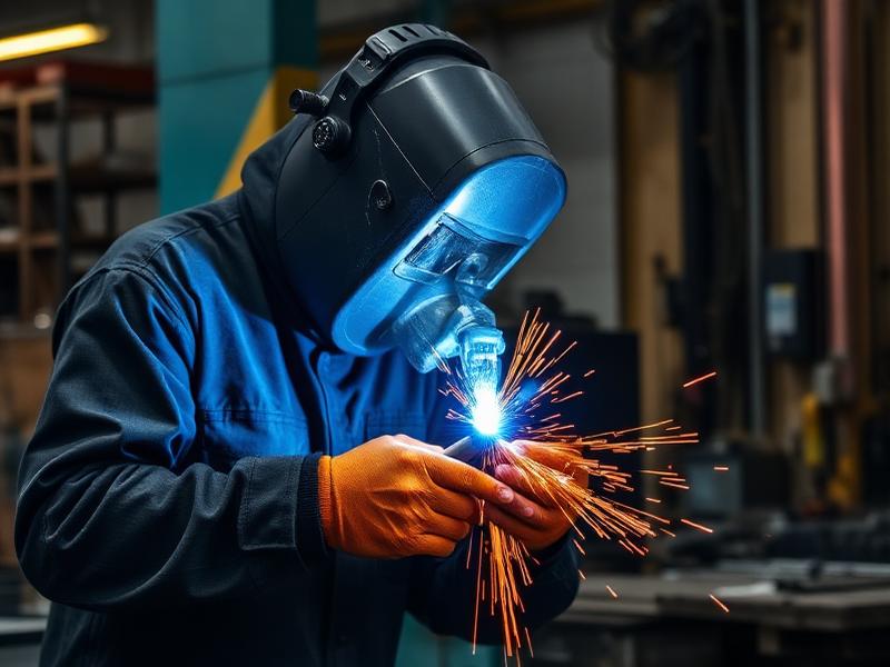 Welder working on metal fabrication in a workshop